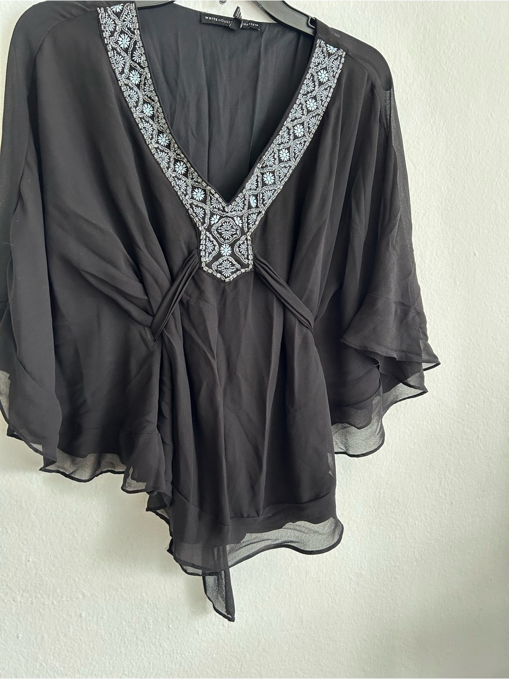 White House Black Market Black Sheer V-Neck Swim Coverup with Silver Embroidery